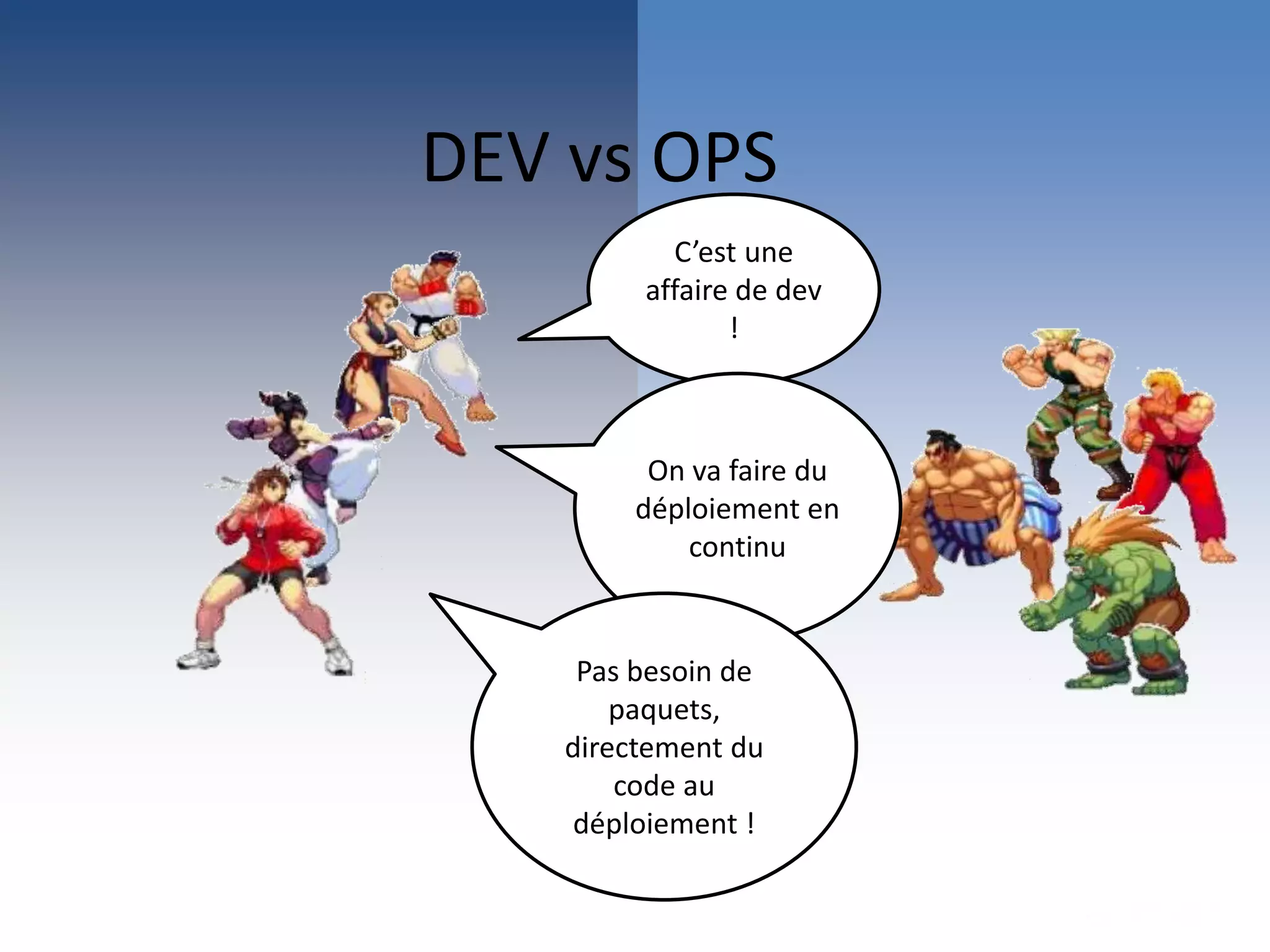 C’est une
affaire de dev
!
On va faire du
déploiement en
continu
Pas besoin de
paquets,
directement du
code au
déploiement !
DEV vs OPS
 