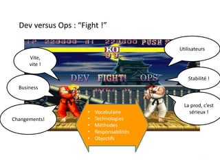 Dev versus Ops : “Fight !”
Utilisateurs
Stabilité !
Business
Changements!
Vite,
vite !
La prod, c’est
sérieux !• Vocabulaire
• Technologies
• Méthodes
• Responsabilités
• Objectifs
 