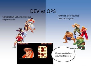 Patches de sécurité
non mis à jour
Y’a une procédure
pour l’astreinte ?
DEV vs OPS
Compilateur, VCS, mode debug
en product...