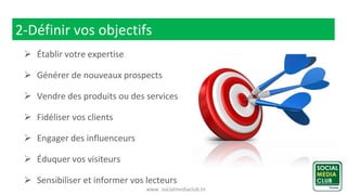www. socialmediaclub.tn
2-Définir vos objectifs
 Établir votre expertise
 Générer de nouveaux prospects
 Vendre des produits ou des services
 Fidéliser vos clients
 Engager des influenceurs
 Éduquer vos visiteurs
 Sensibiliser et informer vos lecteurs
 