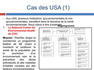 Cas des USA (1)
 Aux USA, plusieurs institutions gouvernementales et non
gouvernementales travaillent dans le domaine de la santé
environnementale. Nous citons à titre d’exemple :
1. Le National Center for
Environmental Health
du CDC
Mission : Planifier, diriger et
coordonner un programme
fédéral de SE visant à
maintenir et améliorer la
santé de la population par
la promotion d'un
environnement sain et la
prévention des décès
prématurés et des maladies
évitables causées par des
facteurs environnementaux
Organigramme
 