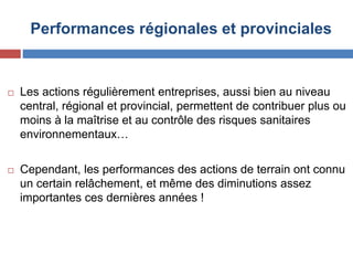 Performances régionales et provinciales
 Les actions régulièrement entreprises, aussi bien au niveau
central, régional et provincial, permettent de contribuer plus ou
moins à la maîtrise et au contrôle des risques sanitaires
environnementaux…
 Cependant, les performances des actions de terrain ont connu
un certain relâchement, et même des diminutions assez
importantes ces dernières années !
 