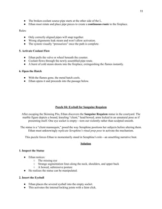 11
●​ The broken coolant source pipe starts at the other side of the L.
●​ Ethan must rotate and place pipe pieces to create a continuous route to the fireplace.
Rules:
●​ Only correctly aligned pipes will snap together.
●​ Wrong alignments leak steam and won’t allow activation.
●​ The system visually “pressurizes” once the path is complete.
5. Activate Coolant Flow
●​ Ethan pulls the valve or wheel beneath the counter.
●​ Coolant flows through the newly assembled pipe route.
●​ A burst of cold steam shoots into the fireplace, extinguishing the flames instantly.
6. Open the Hatch
●​ With the flames gone, the metal hatch cools.
●​ Ethan opens it and proceeds into the passage below.
Puzzle 04: Eyeball for Sanguine Requiem
After escaping the Skinning Pits, Ethan discovers the Sanguine Requiem statue in the courtyard. The
marble figure depicts a bound, kneeling “client,” head bowed, arms locked in an unnatural pose as if
presenting itself. One eye socket is empty—torn out violently rather than sculpted smooth.
The statue is a “client mannequin,” posed the way Seraphine positions her subjects before altering them.
Ethan must unknowingly replicate Seraphine’s ritual prep pose to activate the mechanism.
This puzzle forces Ethan to momentarily stand in Seraphine’s role—an unsettling narrative beat.
Solution
1. Inspect the Statue
●​ Ethan notices:
○​ The missing eye
○​ Strange segmentation lines along the neck, shoulders, and upper back
○​ A bowed, submissive posture
●​ He realizes the statue can be manipulated.
2. Insert the Eyeball
●​ Ethan places the severed eyeball into the empty socket.
●​ This activates the internal locking joints with a faint click.
 