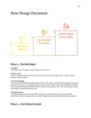 21
Boss Design Document:
Phase 1 — The Hunt Begins
1) Trigger​
The player enters Seraphine’s maze arena for the first time.
2) Player Goal​
Survive through evasion and awareness. The player is not meant to fight, only to escape, observe
patterns, and stay unseen.
3) Visual Language​
Shelves subtly shift behind the player periodically. Some shelves can be shifted through available gears,
some move on their own; creating a sense of a living space. Candles flicker when Seraphine is nearby,
while loose threads hang and brush the floor, silently marking danger zones. The maze appears elegant
but unstable, constantly reshaping itself.
4) Design Purpose​
Establish disorientation and vulnerability. The player is positioned as prey inside a controlled
environment, where navigation relies on stealth, spatial awareness, and intuition rather than combat.
Phase 2 — The Predator Revealed
 
