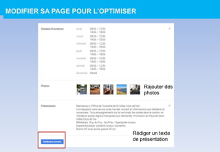 Rédiger un texte
de présentation
Rajouter des
photos
MODIFIER SA PAGE POUR L’OPTIMISER
 