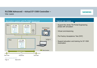 Intern © Siemens AG 2016
Page 15 March 2016
Simulation system with PLCSIM Advanced Typical use cases
• Support the whole TIA Portal Engineering
phase with simulation
• Virtual commissioning
• Pre Factory Acceptance Test (FAT)
• Support education and training for S7-1500
Automation
New functions
PC1
Slow mode Fast mode
S7-1500
Instance 1
S7-1500
Instance 2
PC
Clock
PC2
Simulation time
Virtual time
WinCC Panel
S7-1500
Instance 3
STEP 7
 