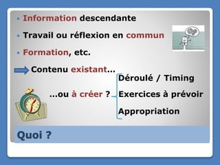  Information descendante
 Travail ou réflexion en commun
 Formation, etc.
Contenu existant…
Déroulé / Timing
…ou à créer ? Exercices à prévoir
Appropriation
Quoi ?
 