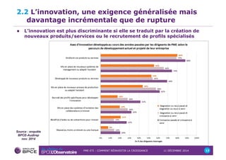 2.2 L’innovation, une exigence généralisée mais 
davantage incrémentale que de rupture 
! L’innovation est plus discriminante si elle se traduit par la création de 
nouveaux produits/services ou le recrutement de profils spécialisés 
PME-ETI : COMMENT RÉINVESTIR LA CROISSANCE 11 DÉCEMBRE 2014 12 
Source : enquête 
BPCE-Audirep 
nov. 2014 
 
