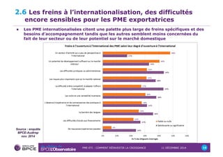 2.6 Les freins à l’internationalisation, des difficultés 
encore sensibles pour les PME exportatrices 
! Les PME internationalisées citent une palette plus large de freins spécifiques et des 
besoins d’accompagnement tandis que les autres semblent moins concernées du 
fait de leur secteur ou de leur potentiel sur le marché domestique 
PME-ETI : COMMENT RÉINVESTIR LA CROISSANCE 11 DÉCEMBRE 2014 16 
Source : enquête 
BPCE-Audirep 
nov. 2014 
 