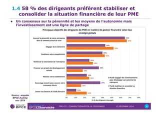 1.4 58 % des dirigeants préfèrent stabiliser et 
consolider la situation financière de leur PME 
! Un consensus sur la pérennité et les moyens de l’autonomie mais 
l’investissement est une ligne de partage 
PME-ETI : COMMENT RÉINVESTIR LA CROISSANCE 11 DÉCEMBRE 2014 6 
Source : enquête 
BPCE-Audirep 
nov. 2014 
 