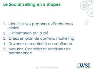 Le Social Selling en5 étapes 
1.Identifiez vos personnasd’acheteurs cibles 
2.L’information est la clé 
3.Créez un plan de contenu marketing 
4.Devenez une autorité de confiance 
5.Mesurez, Contrôlez et Améliorez en permanence 
©2014 WSI. All rights reserved. 
 