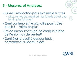 5 -Mesurezet Analysez 
•Suivrel’implicationpour évaluerle succès 
•Likes, re-tweets, mentions, les favorisplutôtque les simples followers 
•Quelcontenuestle plus utile pour votrepublic? –Faites-en plus 
•Est-cequ’ons’occupede chaqueétapede l’entonnoirde ventes? 
•Contrôlerla qualitédes contacts commerciaux(leads) créés 
©2014 WSI. All rights reserved. 
 
