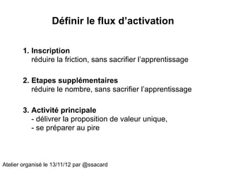 Définir le flux d’activation

       1. Inscription
          réduire la friction, sans sacrifier l’apprentissage

       2. Etapes supplémentaires
          réduire le nombre, sans sacrifier l’apprentissage

       3. Activité principale
          - délivrer la proposition de valeur unique,
          - se préparer au pire



Atelier organisé le 13/11/12 par @ssacard
 