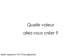Quelle valeur
                          allez-vous créer ?




Atelier organisé le 13/11/12 par @ssacard
 