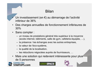 Bilan
•  Un investissement (en €) au démarrage de l’activité
   inférieur de 36%
•  Des charges annuelles de fonctionnement inférieures de
   30%
•  Sans compter :
   –  un niveau de prestations général très supérieur à la moyenne
      (accès internet, bâtiments, salle de gym, cafeteria équipée, …),
   –  la présence / les échanges avec les autres entreprises,
   –  la valeur de l’éco-système,
   –  la qualité de la localisation,
   –  les réductions négociées auprès de fournisseurs, …
•  Mais une solution qui redevient intéressante pour plus
   de 5 personnes
 