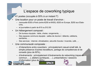 L’espace de coworking typique
•  41 postes (occupés à 55% à un instant T)
•  Une location pour un poste de travail d’environ :
    –  mensuelle €350 à Paris (entre €250 et €450), €200 en Europe, $250 aux Etats-
       Unis,
    –  et journalière à partir de €10 ou $12.50
•  Un hébergement composé :
    –  De bureaux équipés : table, chaise, rangements, …
    –  Des espaces communs équipés : salles de réunion / détente, cafeteria,
       sanitaires, …
    –  Des services : internet, climatisation, sécurité d’accès / incendie, café, …
•  Une communauté composée :
    –  d’interactions entre coworkers : principalement casual small talk, la
       simple présence d’autres travailleurs, partage de compétences et de
       conseils (plus de 60%),
    –  d’évènements : principalement d’évènements de networking (repas en
       commun, …), ateliers (juridiques, …), présentations / sessions
       d’information (plus de 65%)
 