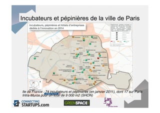 Incubateurs et pépinières de la ville de Paris




Ile de France : 74 incubateurs et pépinières (en janvier 2011), dont 17 sur Paris
Intra-Muros pour un total de 9 000 m2 (SHON)!
 