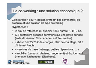 Le co-working : une solution économique ?

Comparaison pour 4 postes entre un bail commercial ou
précaire et une solution de type coworking
Hypothèses :
•  le prix de référence du quartier : 360 euros HC HT / an,
•  X 2 coefficient espaces communs sur une petite surface
   (salle de réunion / kitchenette / entrée / couloir)
•  + (base 35m2) 26 € de charges, 50 € de chauffage, 30 €
   d’internet / mois
•  + services de base (ménage, petites réparations, …)
•  + mobilier (bureaux, chaises, rangement) et équipement
   (ménage, kitchenette, téléphone).
 