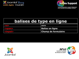 balises de type en ligne <a> ancre <span> Balise en ligne <input> Champ de formulaire 