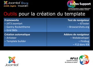 Outils  pour la création du template Frameworks –  JAT3 Joomlart –  Gantry Rockettheme –  Grid 960s Test de navigateur –  IETester –  Browsershots.org Création automatique –  Artisteer –  Template builder Addons de navigateur –  Webdeveloper –  Firebug –  F12 dans IE8 