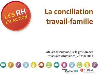 La conciliation
travail-famille
Atelier-discussion sur la gestion des
ressources humaines, 28 mai 2013
 
