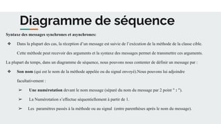 Diagramme de séquence
Syntaxe des messages synchrones et asynchrones:
❖ Dans la plupart des cas, la réception d’un message est suivie de l’exécution de la méthode de la classe cible.
Cette méthode peut recevoir des arguments et la syntaxe des messages permet de transmettre ces arguments.
La plupart du temps, dans un diagramme de séquence, nous pouvons nous contenter de définir un message par :
❖ Son nom (qui est le nom de la méthode appelée ou du signal envoyé).Nous pouvons lui adjoindre
facultativement :
➢ Une numérotation devant le nom message (séparé du nom du message par 2 point " : ").
➢ La Numérotation s’effectue séquentiellement à partir de 1.
➢ Les paramètres passés à la méthode ou au signal (entre parenthèses après le nom du message).
 