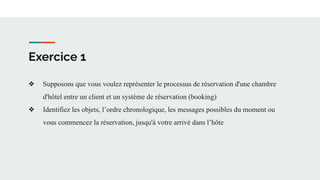 Exercice 1
❖ Supposons que vous voulez représenter le processus de réservation d'une chambre
d'hôtel entre un client et un système de réservation (booking)
❖ Identifiez les objets, l’ordre chronologique, les messages possibles du moment ou
vous commencez la réservation, jusqu'à votre arrivé dans l’hôte
 