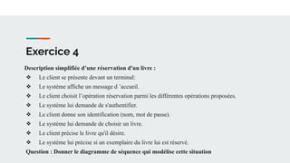 Exercice 4
Description simplifiée d’une réservation d'un livre :
❖ Le client se présente devant un terminal:
❖ Le système affiche un message d ’accueil.
❖ Le client choisit l’opération réservation parmi les différentes opérations proposées.
❖ Le système lui demande de s'authentifier.
❖ Le client donne son identification (nom, mot de passe).
❖ Le système lui demande de choisir un livre.
❖ Le client précise le livre qu'il désire.
❖ Le système lui précise si un exemplaire du livre lui est réservé.
Question : Donner le diagramme de séquence qui modélise cette situation
 