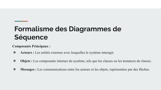 Formalisme des Diagrammes de
Séquence
Composants Principaux :
❖ Acteurs : Les entités externes avec lesquelles le système interagit.
❖ Objets : Les composants internes du système, tels que les classes ou les instances de classes.
❖ Messages : Les communications entre les acteurs et les objets, représentées par des flèches.
 