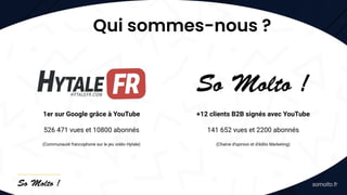Qui sommes-nous ?
1er sur Google grâce à YouTube
526 471 vues et 10800 abonnés
(Communauté francophone sur le jeu vidéo Hytale)
+12 clients B2B signés avec YouTube
141 652 vues et 2200 abonnés
(Chaine d’opinion et d’édito Marketing)
 