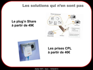 Sarazd
Atelier WIFI - Sare – 14/02/2013
Les solutions qui n’en sont pas
Le plug’n Share
à partir de 49€
Les prises CPL
à partir de 40€
 
