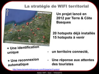 Sarazd
Atelier WIFI - Sare – 14/02/2013
Un projet lancé en
2012 par Terre & Côte
Basques
La stratégie de WIFI territorial
20 hotspots déjà installés
15 hotspots à venir
http://www.terreetcotebasques.com/fr/page/wi-fi-gratuit
- un territoire connecté,
- Une réponse aux attentes
des touristes
 
