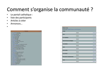 Comment s’organise la communauté ?
•   Le portail catholique :
•   liste des participants
•   Articles à créer
•   Annonces…
•
 