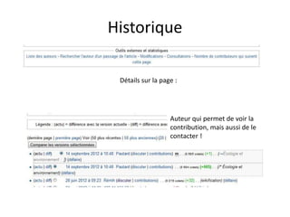 Historique

 Détails sur la page :




                   Auteur qui permet de voir la
                   contribution, mais aussi de le
                   contacter !
 