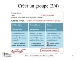 Créer un groupe (2/4) 
35
.
Votre groupe est crée
Zotero – Juillet 2015-Bénédicte MacGregor-SIDRA
 