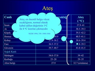 Ateş
Canlı                             Basal Vücut sıcaklığı       Ateş
               Ateş; en önemli bulgu vücut
               sıcaklığının, normal olarak
                                           ( °C)              ( °C)
İnsan          kabul edilen değerinin 1oC 36.0–37.8          37.9–41
At             ile 4 oC üzerine çıkmasıdır. 38.0–38.4       38.3–39.3
Köpek                                         38.1–39.2
                       NEJM 1994; 330: 1880-1886            39.3–42.2
Domuz                                       39.3–39.9       40.5–41.1
Kobay                                       37.9–38.2       38.6–39.4
Fare                                        36.5–37.2       37.8–39.3
Güvercin                                    39.7–40.7       41.0–41.5
Soğuk Kanlı
Sürüngen                                    34.0–37.0         39–42
Kurbağa                                       25–28           29–35
Altın balığı                                   27.9       32.7 (ortalama)
                                                                       17
 
