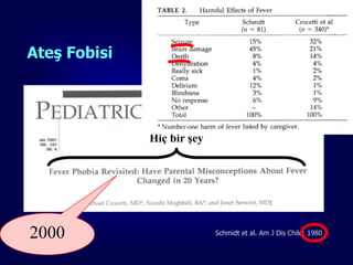 Ateş Fobisi


Ailelerin
  %18’inin 38.8 C° üzerindeki ateşin çocuklarında beyin
        hasarı gibi kalıcı zararlara,
                            Hiç bir şey

  %52’si de 40 C° üzerinde ölüme yol açacağına
        inanmaktadırlar.



2000                                      Schmidt et al. Am J Dis Child; 1980

                                                                           25
 