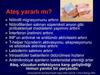 Ateş yararlı mı?
   Nötrofil migrasyonunu arttırır.
   Nötrofillerden salınan süperoksit anyon gibi
    antibakteriyel maddelerin yapımını arttırır.
   İnterferon üretimini arttırır.
   INF’un antiviral ve antitümör aktivitesini artırır.
   T-helper hücrelerin aktivasyonu, ekspresyonunu
    ve sitotoksik aktivitesi arttırır.
   Laktoferrin salımını artırır
   İntrasellüler bakterilerin öldürülmesi hızlanır
   Antimikrobiyal ajanların bakterisidal etkinliği artar
     Ateş, vücudun enfeksiyona karşı geliştirdiği
               immun yanıtın bir parçasıdır.
               Eichenwald HF. Bull World Health Organ 2003; Clark M. J Therm Biology 2003.
 