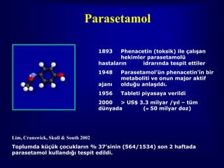 Parasetamol

                                     1893    Phenacetin (toksik) ile çalışan
                                             hekimler parasetamolü
                                     hastaların     idrarında tespit ettiler
                                     1948    Parasetamol’ün phenacetin’in bir
                                             metaboliti ve onun major aktif
                                     ajanı   olduğu anlaşıldı.
                                     1956    Tableti piyasaya verildi
                                     2000   > US$ 3.3 milyar /yıl – tüm
                                     dünyada       ( 50 milyar doz)




Lim, Cranswick, Skull & South 2002
Toplumda küçük çocukların % 37’sinin (564/1534) son 2 haftada
parasetamol kullandığı tespit edildi.
 