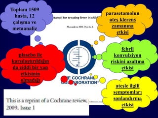 Toplam 1509
  hasta, 12          parasetamolun
 çalışma ve           ateş klerens
 metaanaliz            zamanına
                         etkisi


                           febril
   plasebo ile          konvulziyon
karşılaştırıldığın    riskini azaltma
da ciddi bir yan           etkisi
    etkisinin
    olmadığı
                        ateşle ilgili
                       semptomları
                       sonlandırma
                           etkisi
                                     73
 