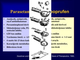 Parasetamol                                İboprufen
•   Analjezik, antipiretik,                •   Analjezik, antipiretik,
    zayıf antiinflamatuar                      antiinflamatuar
•   Paraaminophenol deriv                  •   Propionik asid derivesi
•   Siklooksijenaz yolu, PGI               •   NSAI (siklooksijenazı inhibe
    sentezini inhibe.                          ediyor)
•   GİS’ten emilim                         •   GİS’ten emilim
•   Yarılanma ömrü  4.5 saat              •   Yarılanma ömrü  1-2 saat
•   4 saatte bir (5 doza kadar)            •   6-8 saat arayla
•   Karaciğerde metabolize,                •   Karaciğerde metabolize,
•   Böbrekten itrah                        •   Böbrekten itrah



               Goodman and Gilmann’s the Pharmagology Basis of Therapeutics. 1990.
 