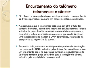 Encurtamento do telômero,
telomerase e câncer


No câncer, a síntese da telomerase é aumentada, o que explicaria
as divisões perpétuas comuns em células neoplásicas cultivadas.



A observação que a telomerase está ativa em 85% a 90% dos
tumores humanos, porém está inativa em células normais, levou a
achados de que a função supressora tumoral do encurtamento
telomérico inibe a expressão da enzima, o que rende às células
uma incapacidade de manter o DNA telomérico, resultando na
estagnação ou regressão do tumor.



Por outro lado, enquanto a checagem dos pontos de verificação
nas quebras do DNA, induzida pelas disfunções do telômero, tem
um importante papel na supressão tumoral, o encurtamento do
telômero também pode contribuir para a iniciação do câncer,
induzida pela instabilidade cromossomal.

 
