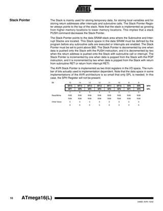 10 ATmega16(L)
2466E–AVR–10/02
Stack Pointer The Stack is mainly used for storing temporary data, for storing local variables and for
storing return addresses after interrupts and subroutine calls. The Stack Pointer Regis-
ter always points to the top of the stack. Note that the stack is implemented as growing
from higher memory locations to lower memory locations. This implies that a stack
PUSH command decreases the Stack Pointer.
The Stack Pointer points to the data SRAM stack area where the Subroutine and Inter-
rupt Stacks are located. This Stack space in the data SRAM must be defined by the
program before any subroutine calls are executed or interrupts are enabled. The Stack
Pointer must be set to point above $60. The Stack Pointer is decremented by one when
data is pushed onto the Stack with the PUSH instruction, and it is decremented by two
when the return address is pushed onto the Stack with subroutine call or interrupt. The
Stack Pointer is incremented by one when data is popped from the Stack with the POP
instruction, and it is incremented by two when data is popped from the Stack with return
from subroutine RET or return from interrupt RETI.
The AVR Stack Pointer is implemented as two 8-bit registers in the I/O space. The num-
ber of bits actually used is implementation dependent. Note that the data space in some
implementations of the AVR architecture is so small that only SPL is needed. In this
case, the SPH Register will not be present.
Bit 15 14 13 12 11 10 9 8
SP15 SP14 SP13 SP12 SP11 SP10 SP9 SP8 SPH
SP7 SP6 SP5 SP4 SP3 SP2 SP1 SP0 SPL
7 6 5 4 3 2 1 0
Read/Write R/W R/W R/W R/W R/W R/W R/W R/W
R/W R/W R/W R/W R/W R/W R/W R/W
Initial Value 0 0 0 0 0 0 0 0
0 0 0 0 0 0 0 0
 