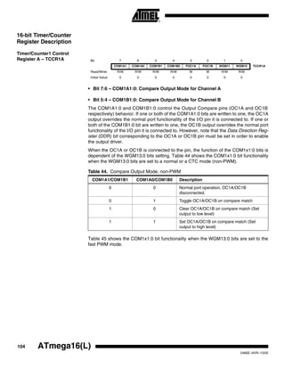 104 ATmega16(L)
2466E–AVR–10/02
16-bit Timer/Counter
Register Description
Timer/Counter1 Control
Register A – TCCR1A
• Bit 7:6 – COM1A1:0: Compare Output Mode for Channel A
• Bit 5:4 – COM1B1:0: Compare Output Mode for Channel B
The COM1A1:0 and COM1B1:0 control the Output Compare pins (OC1A and OC1B
respectively) behavior. If one or both of the COM1A1:0 bits are written to one, the OC1A
output overrides the normal port functionality of the I/O pin it is connected to. If one or
both of the COM1B1:0 bit are written to one, the OC1B output overrides the normal port
functionality of the I/O pin it is connected to. However, note that the Data Direction Reg-
ister (DDR) bit corresponding to the OC1A or OC1B pin must be set in order to enable
the output driver.
When the OC1A or OC1B is connected to the pin, the function of the COM1x1:0 bits is
dependent of the WGM13:0 bits setting. Table 44 shows the COM1x1:0 bit functionality
when the WGM13:0 bits are set to a normal or a CTC mode (non-PWM).
Table 45 shows the COM1x1:0 bit functionality when the WGM13:0 bits are set to the
fast PWM mode.
Bit 7 6 5 4 3 2 1 0
COM1A1 COM1A0 COM1B1 COM1B0 FOC1A FOC1B WGM11 WGM10 TCCR1A
Read/Write R/W R/W R/W R/W W W R/W R/W
Initial Value 0 0 0 0 0 0 0 0
Table 44. Compare Output Mode, non-PWM
COM1A1/COM1B1 COM1A0/COM1B0 Description
0 0 Normal port operation, OC1A/OC1B
disconnected.
0 1 Toggle OC1A/OC1B on compare match
1 0 Clear OC1A/OC1B on compare match (Set
output to low level)
1 1 Set OC1A/OC1B on compare match (Set
output to high level)
 
