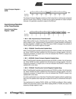 124 ATmega16(L)
2466E–AVR–10/02
Output Compare Register –
OCR2
The Output Compare Register contains an 8-bit value that is continuously compared
with the counter value (TCNT2). A match can be used to generate an output compare
interrupt, or to generate a waveform output on the OC2 pin.
AsynchronousOperation
of the Timer/Counter
Asynchronous Status
Register – ASSR
• Bit 3 – AS2: Asynchronous Timer/Counter2
When AS2 is written to zero, Timer/Counter 2 is clocked from the I/O clock, clkI/O. When
AS2 is written to one, Timer/Counter2 is clocked from a Crystal Oscillator connected to
the Timer Oscillator 1 (TOSC1) pin. When the value of AS2 is changed, the contents of
TCNT2, OCR2, and TCCR2 might be corrupted.
• Bit 2 – TCN2UB: Timer/Counter2 Update Busy
When Timer/Counter2 operates asynchronously and TCNT2 is written, this bit becomes
set. When TCNT2 has been updated from the temporary storage register, this bit is
cleared by hardware. A logical zero in this bit indicates that TCNT2 is ready to be
updated with a new value.
• Bit 1 – OCR2UB: Output Compare Register2 Update Busy
When Timer/Counter2 operates asynchronously and OCR2 is written, this bit becomes
set. When OCR2 has been updated from the temporary storage register, this bit is
cleared by hardware. A logical zero in this bit indicates that OCR2 is ready to be
updated with a new value.
• Bit 0 – TCR2UB: Timer/Counter Control Register2 Update Busy
When Timer/Counter2 operates asynchronously and TCCR2 is written, this bit becomes
set. When TCCR2 has been updated from the temporary storage register, this bit is
cleared by hardware. A logical zero in this bit indicates that TCCR2 is ready to be
updated with a new value.
If a write is performed to any of the three Timer/Counter2 registers while its update busy
flag is set, the updated value might get corrupted and cause an unintentional interrupt to
occur.
The mechanisms for reading TCNT2, OCR2, and TCCR2 are different. When reading
TCNT2, the actual timer value is read. When reading OCR2 or TCCR2, the value in the
temporary storage register is read.
Bit 7 6 5 4 3 2 1 0
OCR2[7:0] OCR2
Read/Write R/W R/W R/W R/W R/W R/W R/W R/W
Initial Value 0 0 0 0 0 0 0 0
Bit 7 6 5 4 3 2 1 0
– – – – AS2 TCN2UB OCR2UB TCR2UB ASSR
Read/Write R R R R R/W R R R
Initial Value 0 0 0 0 0 0 0 0
 