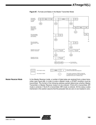 183
ATmega16(L)
2466E–AVR–10/02
Figure 87. Formats and States in the Master Transmitter Mode
Master Receiver Mode In the Master Receiver mode, a number of data bytes are received from a slave trans-
mitter (see Figure 88). In order to enter a Master mode, a START condition must be
transmitted. The format of the following address packet determines whether Master
Transmitter or Master Receiver mode is to be entered. If SLA+W is transmitted, MT
mode is entered, if SLA+R is transmitted, MR mode is entered. All the status codes
mentioned in this section assume that the prescaler bits are zero or are masked to zero.
S SLA W A DATA A P
$08 $18 $28
R SLA W
$10
A P
$20
P
$30
A or A
$38
A
Other master
continues A or A
$38
Other master
continues
R
A
$68
Other master
continues
$78 $B0
To corresponding
states in slave mode
MT
MR
Successfull
transmission
to a slave
receiver
Next transfer
started with a
repeated start
condition
Not acknowledge
received after the
slave address
Not acknowledge
received after a data
byte
Arbitration lost in slave
address or data byte
Arbitration lost and
addressed as slave
DATA A
n
From master to slave
From slave to master
Any number of data bytes
and their associated acknowledge bits
This number (contained in TWSR) corresponds
to a defined state of the Two-wire Serial Bus. The
prescaler bits are zero or masked to zero
S
 