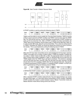 184 ATmega16(L)
2466E–AVR–10/02
Figure 88. Data Transfer in Master Receiver Mode
A START condition is sent by writing the following value to TWCR:
TWEN must be written to one to enable the Two-wire Serial Interface, TWSTA must be
written to one to transmit a START condition and TWINT must be set to clear the TWINT
flag. The TWI will then test the Two-wire Serial Bus and generate a START condition as
soon as the bus becomes free. After a START condition has been transmitted, the
TWINT flag is set by hardware, and the status code in TWSR will be $08 (See Table 73).
In order to enter MR mode, SLA+R must be transmitted. This is done by writing SLA+R
to TWDR. Thereafter the TWINT bit should be cleared (by writing it to one) to continue
the transfer. This is accomplished by writing the following value to TWCR:
When SLA+R have been transmitted and an acknowledgement bit has been received,
TWINT is set again and a number of status codes in TWSR are possible. Possible sta-
tus codes in master mode are $38, $40, or $48. The appropriate action to be taken for
each of these status codes is detailed in Table 74. Received data can be read from the
TWDR register when the TWINT flag is set high by hardware. This scheme is repeated
until the last byte has been received. After the last byte has been received, the MR
should inform the ST by sending a NACK after the last received data byte. The transfer
is ended by generating a STOP condition or a repeated START condition. A STOP con-
dition is generated by writing the following value to TWCR:
A REPEATED START condition is generated by writing the following value to TWCR:
After a repeated START condition (state $10) the Two-wire Serial Interface can access
the same slave again, or a new slave without transmitting a STOP condition. Repeated
START enables the master to switch between slaves, Master Transmitter mode and
Master Receiver mode without losing control over the bus.
TWCR TWINT TWEA TWSTA TWSTO TWWC TWEN – TWIE
Value 1 X 1 0 X 1 0 X
TWCR TWINT TWEA TWSTA TWSTO TWWC TWEN – TWIE
Value 1 X 0 0 X 1 0 X
TWCR TWINT TWEA TWSTA TWSTO TWWC TWEN – TWIE
Value 1 X 0 1 X 1 0 X
TWCR TWINT TWEA TWSTA TWSTO TWWC TWEN – TWIE
Value 1 X 1 0 X 1 0 X
Device 1
MASTER
RECEIVER
Device 2
SLAVE
TRANSMITTER
Device 3 Device n
SDA
SCL
........ R1 R2
VCC
 