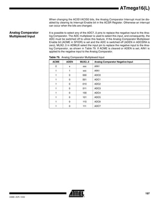 197
ATmega16(L)
2466E–AVR–10/02
When changing the ACIS1/ACIS0 bits, the Analog Comparator Interrupt must be dis-
abled by clearing its Interrupt Enable bit in the ACSR Register. Otherwise an interrupt
can occur when the bits are changed.
Analog Comparator
Multiplexed Input
It is possible to select any of the ADC7..0 pins to replace the negative input to the Ana-
log Comparator. The ADC multiplexer is used to select this input, and consequently, the
ADC must be switched off to utilize this feature. If the Analog Comparator Multiplexer
Enable bit (ACME in SFIOR) is set and the ADC is switched off (ADEN in ADCSRA is
zero), MUX2..0 in ADMUX select the input pin to replace the negative input to the Ana-
log Comparator, as shown in Table 79. If ACME is cleared or ADEN is set, AIN1 is
applied to the negative input to the Analog Comparator.
Table 79. Analog Comparator Multiplexed Input
ACME ADEN MUX2..0 Analog Comparator Negative Input
0 x xxx AIN1
1 1 xxx AIN1
1 0 000 ADC0
1 0 001 ADC1
1 0 010 ADC2
1 0 011 ADC3
1 0 100 ADC4
1 0 101 ADC5
1 0 110 ADC6
1 0 111 ADC7
 