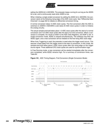 202 ATmega16(L)
2466E–AVR–10/02
setting the ADEN bit in ADCSRA. The prescaler keeps running for as long as the ADEN
bit is set, and is continuously reset when ADEN is low.
When initiating a single ended conversion by setting the ADSC bit in ADCSRA, the con-
version starts at the following rising edge of the ADC clock cycle. See “Differential Gain
Channels” on page 204 for details on differential conversion timing.
A normal conversion takes 13 ADC clock cycles. The first conversion after the ADC is
switched on (ADEN in ADCSRA is set) takes 25 ADC clock cycles in order to initialize
the analog circuitry.
The actual sample-and-hold takes place 1.5 ADC clock cycles after the start of a normal
conversion and 13.5 ADC clock cycles after the start of an first conversion. When a con-
version is complete, the result is written to the ADC Data Registers, and ADIF is set. In
single conversion mode, ADSC is cleared simultaneously. The software may then set
ADSC again, and a new conversion will be initiated on the first rising ADC clock edge.
When Auto Triggering is used, the prescaler is reset when the trigger event occurs. This
assures a fixed delay from the trigger event to the start of conversion. In this mode, the
sample-and-hold takes place 2 ADC clock cycles after the rising edge on the trigger
source signal. Three additional CPU clock cycles are used for synchronization logic.
In Free Running mode, a new conversion will be started immediately after the conver-
sion completes, while ADSC remains high. For a summary of conversion times, see
Table 80.
Figure 101. ADC Timing Diagram, First Conversion (Single Conversion Mode)
MSB of Result
LSB of Result
ADC Clock
ADSC
Sample & Hold
ADIF
ADCH
ADCL
Cycle Number
ADEN
1 2 12 13 14 15 16 17 18 19 20 21 22 23 24 25 1 2
First Conversion
Next
Conversion
3
MUX and REFS
Update MUX and REFS
Update
Conversion
Complete
 