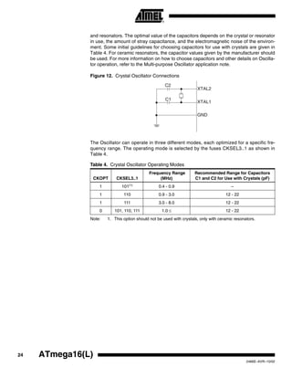 24 ATmega16(L)
2466E–AVR–10/02
and resonators. The optimal value of the capacitors depends on the crystal or resonator
in use, the amount of stray capacitance, and the electromagnetic noise of the environ-
ment. Some initial guidelines for choosing capacitors for use with crystals are given in
Table 4. For ceramic resonators, the capacitor values given by the manufacturer should
be used. For more information on how to choose capacitors and other details on Oscilla-
tor operation, refer to the Multi-purpose Oscillator application note.
Figure 12. Crystal Oscillator Connections
The Oscillator can operate in three different modes, each optimized for a specific fre-
quency range. The operating mode is selected by the fuses CKSEL3..1 as shown in
Table 4.
Note: 1. This option should not be used with crystals, only with ceramic resonators.
Table 4. Crystal Oscillator Operating Modes
CKOPT CKSEL3..1
Frequency Range
(MHz)
Recommended Range for Capacitors
C1 and C2 for Use with Crystals (pF)
1 101(1)
0.4 - 0.9 –
1 110 0.9 - 3.0 12 - 22
1 111 3.0 - 8.0 12 - 22
0 101, 110, 111 1.0 ≤ 12 - 22
XTAL2
XTAL1
GND
C2
C1
 